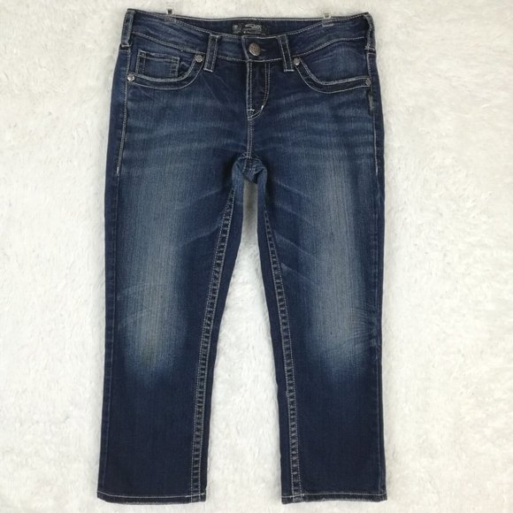 Silver Womens Jeans Aiko Capri Blue Denim Stone‎ Wash Whiskering Thick Stitch 29 - Picture 1 of 14